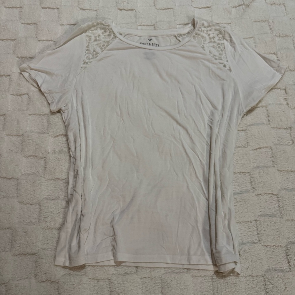 American Eagle AE Soft & Sexy Cream Lace Accent Top, Short Sleeve Tee, Large